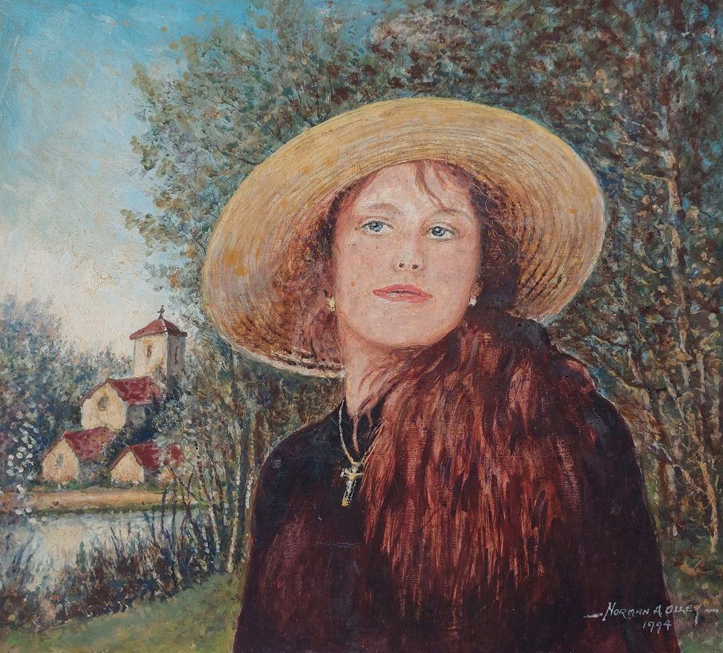 Traditionelles englisches Gemälde eines Mädchens mit braunem Haar in Surrey, England (Englisch) im Angebot
