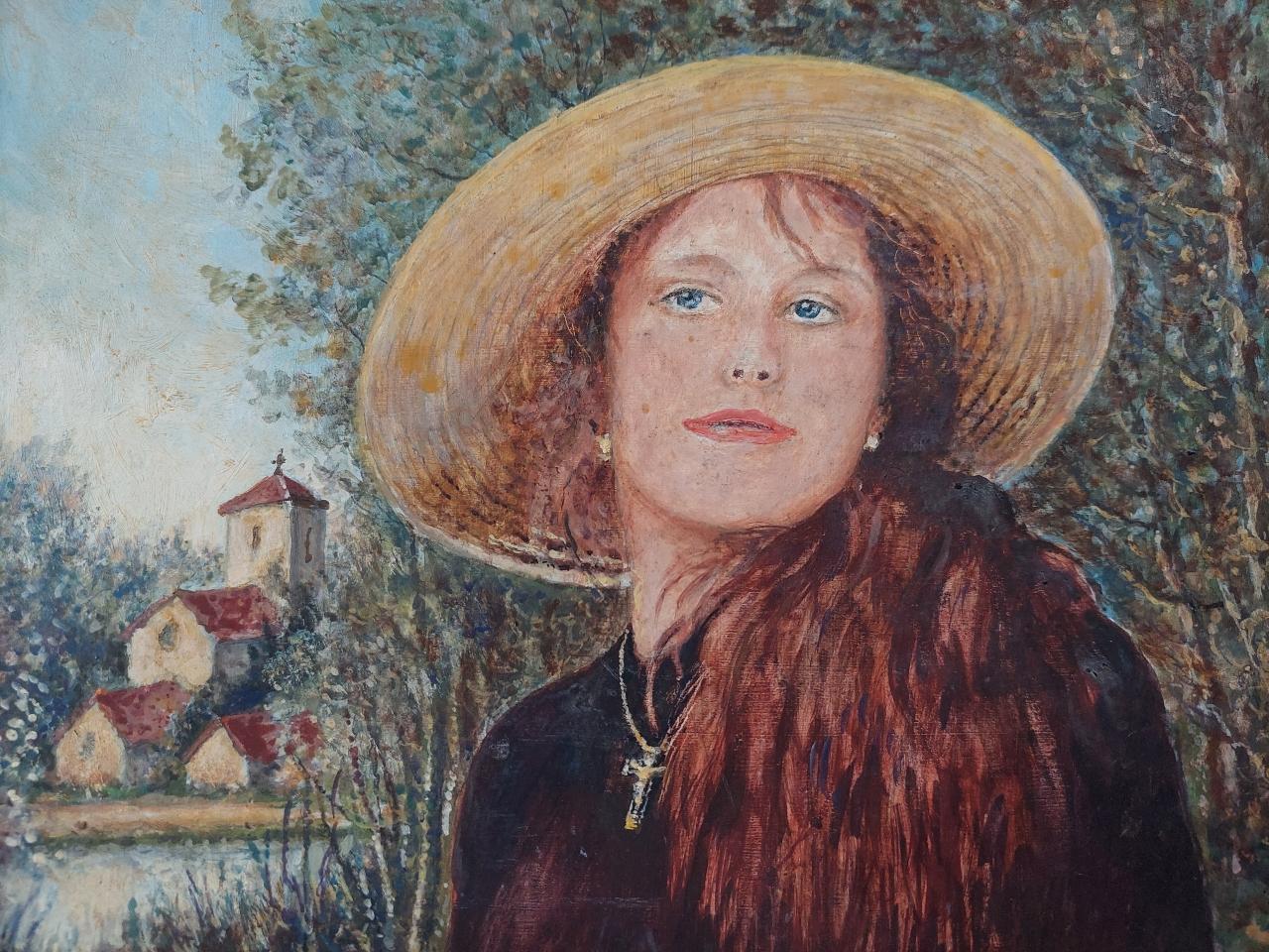 20th Century Traditional English Painting Portrait of Girl with Auburn Hair in Surrey England For Sale