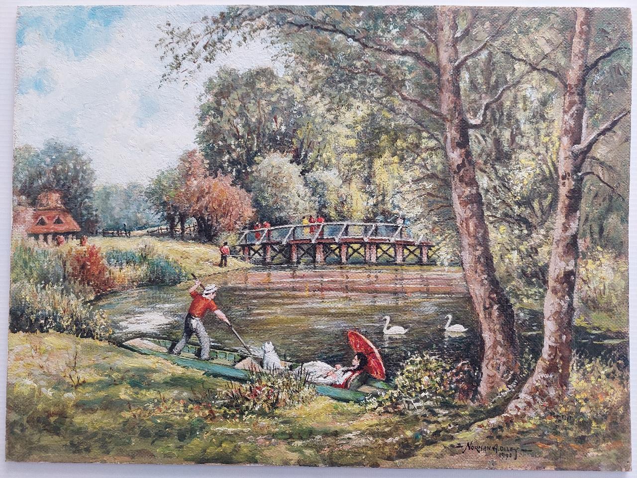 Artist/ School: Norman A. Olley ( British, 20th Century, 1908-1996), dated 1991, signed to the front and inscribed verso

Title - On the Banks of the Ember - East Molesey Surrey 
Charming English summer scene of a gentleman in a river punt with