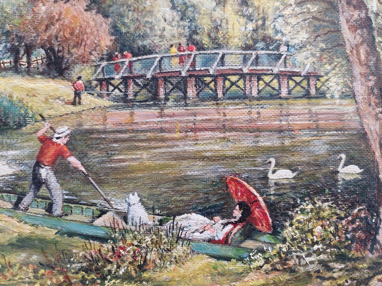 Traditional English Painting Punting on the River Ember in Surrey, England In Excellent Condition In Cirencester, GB
