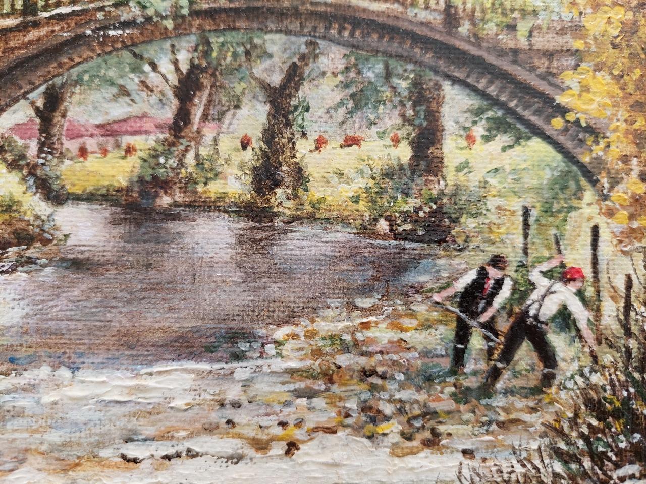 Traditional English Painting River Workers, Beckford Bridge Bingley Yorkshire In Excellent Condition For Sale In Cirencester, GB
