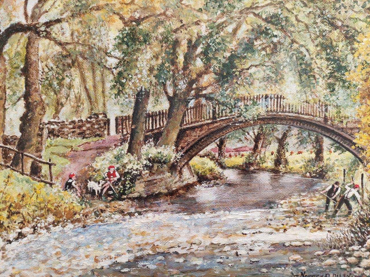 Traditionelle englische Gemälde von Flussarbeitern, Beckford Bridge Bingley Yorkshire im Angebot 1