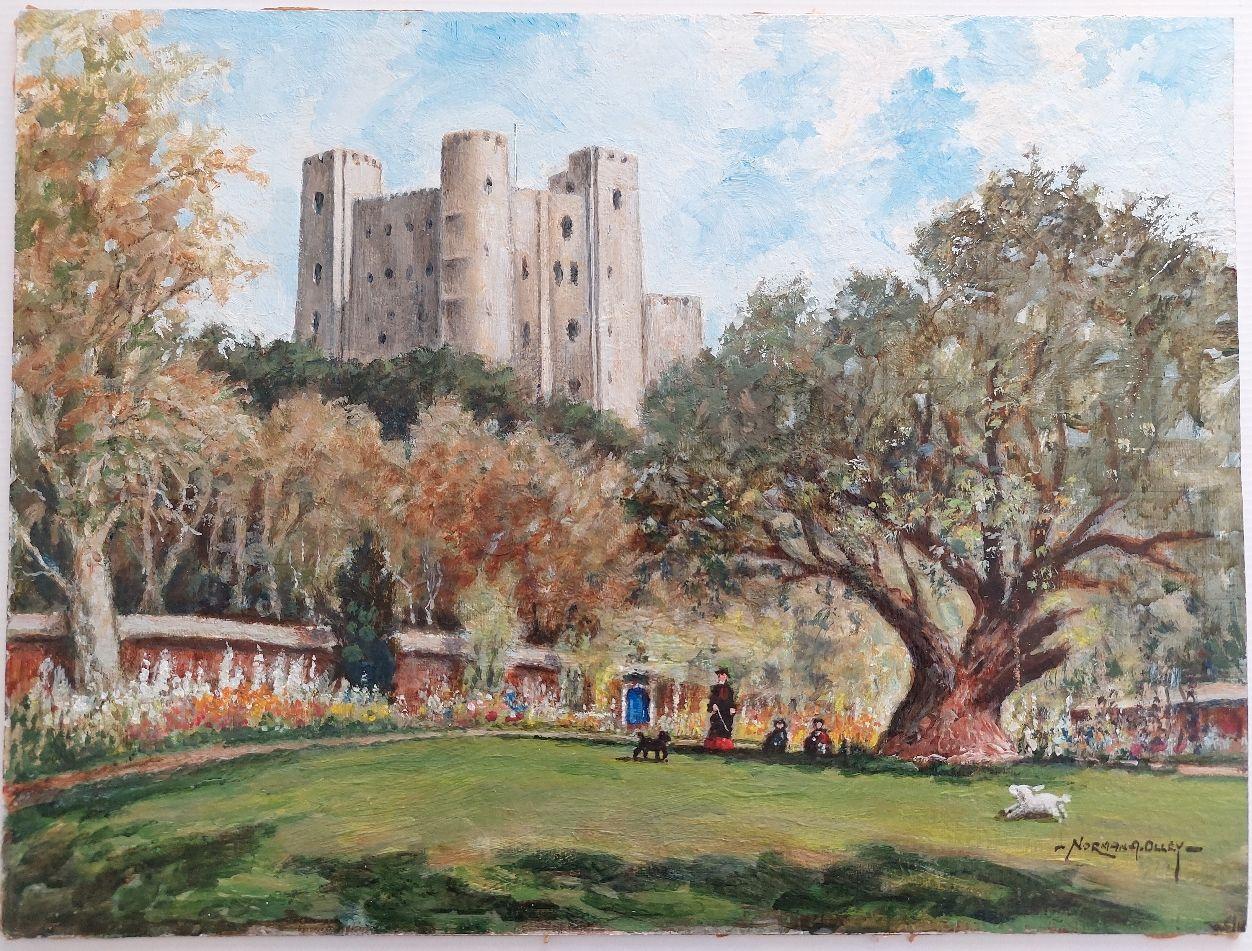 Artisten/Schule: Norman A. Olley ( Britisch, 20. Jahrhundert, 1908-1996), undatiert, auf der Vorderseite signiert und verso beschriftet

Titel - Rochester Castle aus dem Pfarrgarten.
Zwei kleine Hunde genießen den Sommergarten in der ummauerten