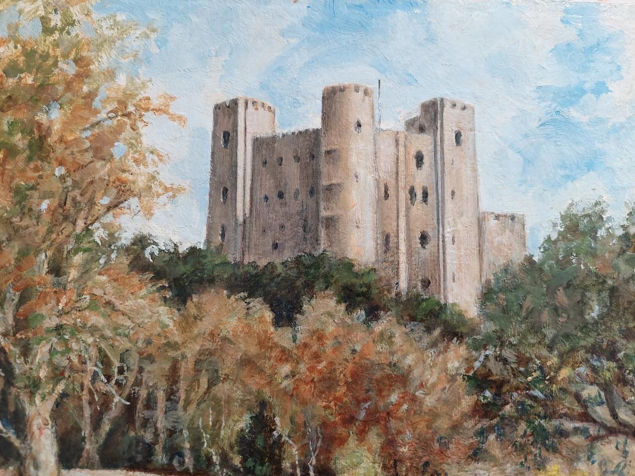 Traditionelles englisches Gemälde des Schlosses Rochester in Kent, Ansicht aus dem Vicarage-Garten (Sonstiges) im Angebot