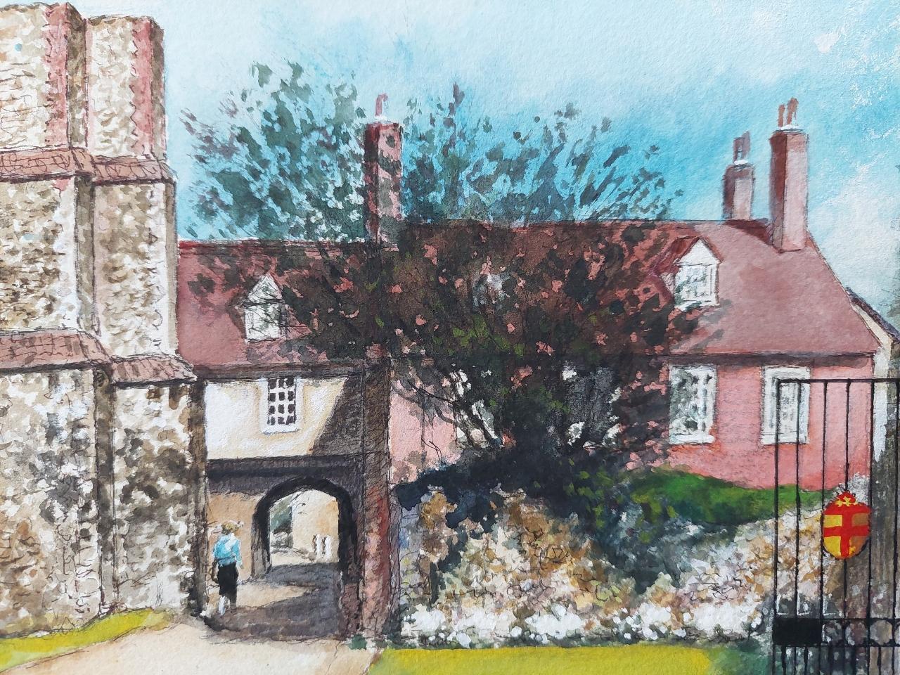 Traditional English Painting Rochester Cathedral Deanery Gate, Kent England For Sale 1