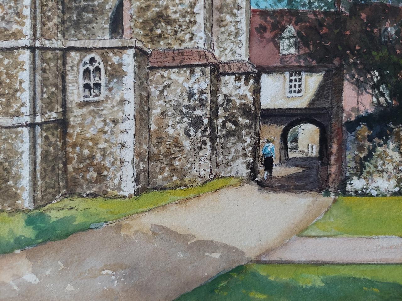 Traditional English Painting Rochester Cathedral Deanery Gate, Kent England For Sale 2