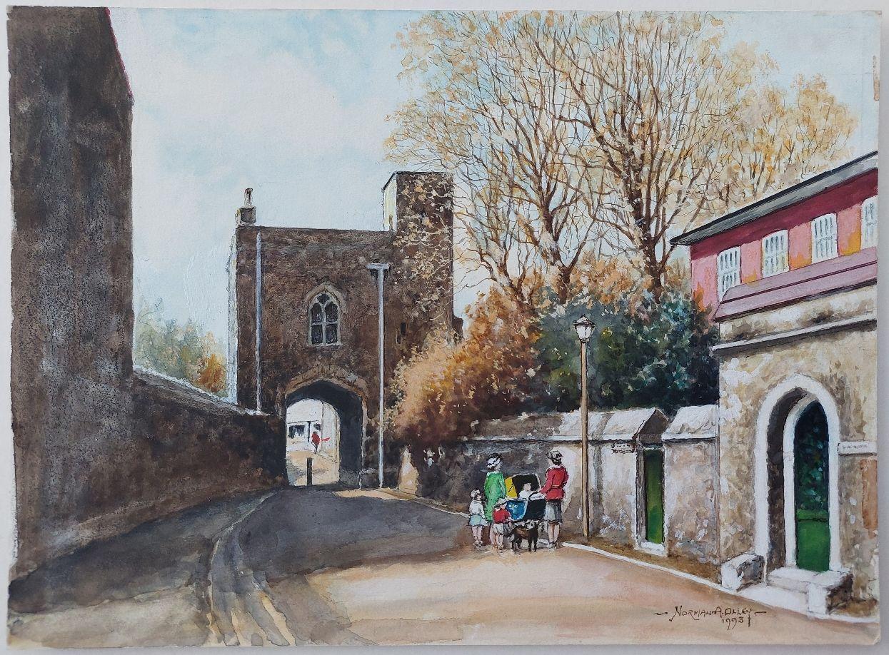 Artist/ School: Norman A. Olley ( British, 20th Century, 1908-1996), 1993, signed to the front and inscribed verso

Title - Rochester Cathedral, Priory Gate on Minor Canon Row. Kent, England. Two ladies meet with their children, one in a baby