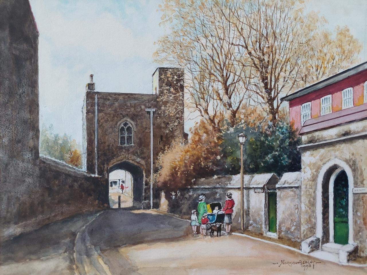 Traditional English Painting Rochester Cathedral Priory Gate, Kent England For Sale 1