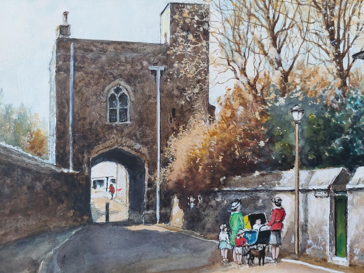Traditional English Painting Rochester Cathedral Priory Gate, Kent England For Sale 3