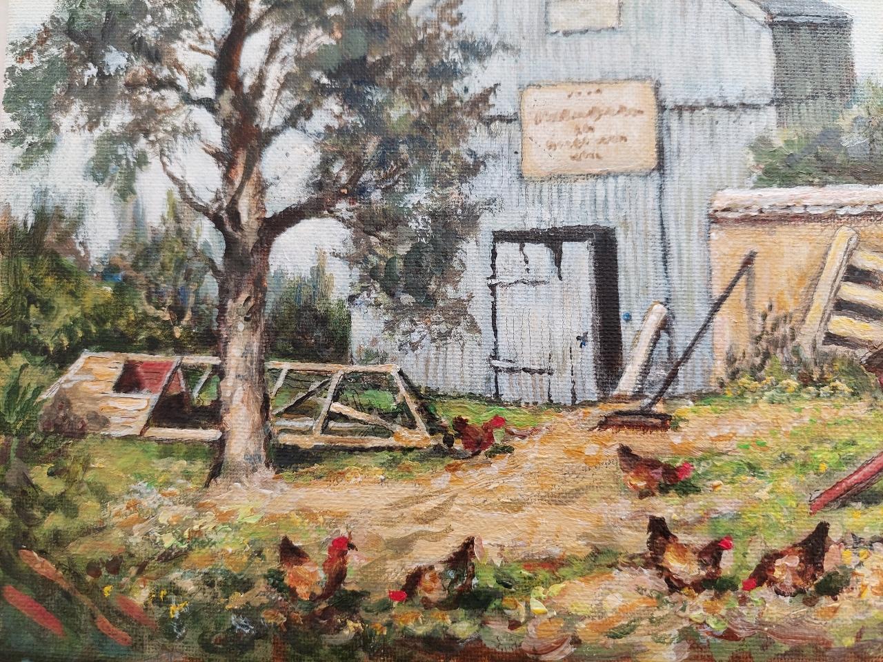 Traditionelles englisches Gemälde von schottischen Kiefern und Hühnern auf einem Bauernhof in Cornwall im Angebot 1