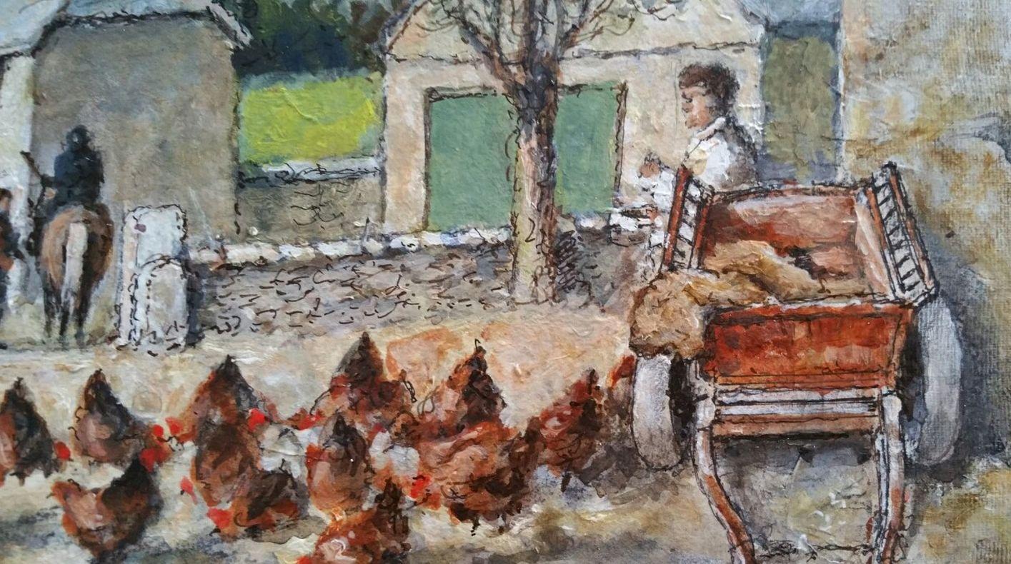 Traditionelles englisches Gemälde auf dem Bauernhof von South Devon, Hühner von Aveton Gifford im Zustand „Hervorragend“ im Angebot in Cirencester, GB