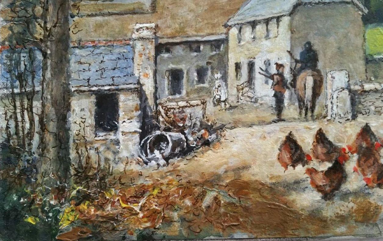 Traditionelles englisches Gemälde auf dem Bauernhof von South Devon, Hühner von Aveton Gifford (Sonstiges) im Angebot
