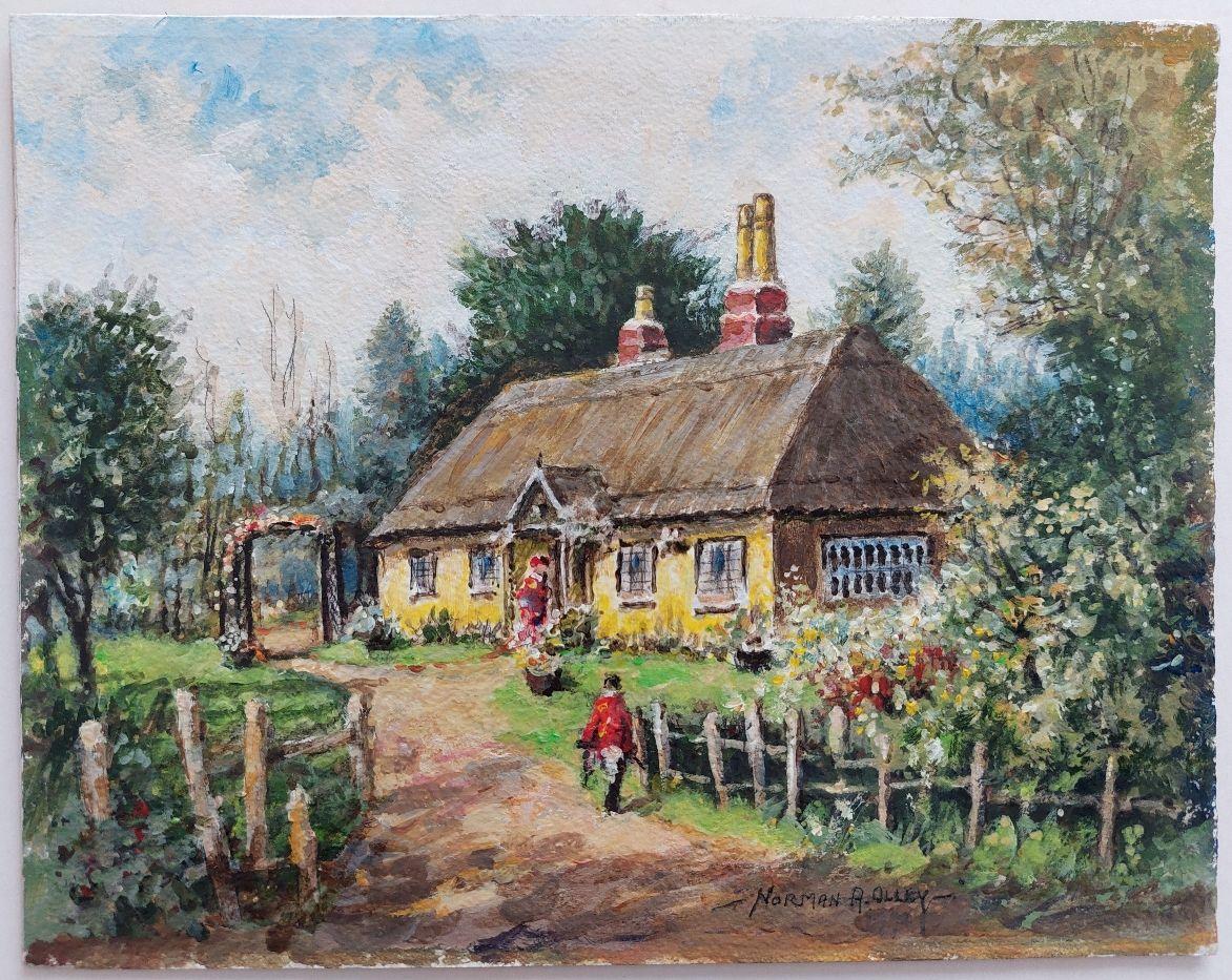 Artist/ School: Norman A. Olley ( British, 20th Century, 1908-1996), undated, signed to the front and inscribed verso

Title - Yew Tree Cottage at Wrotham Hill in Kent, England
A delightful English thatched cottage with figures, one in the lane,