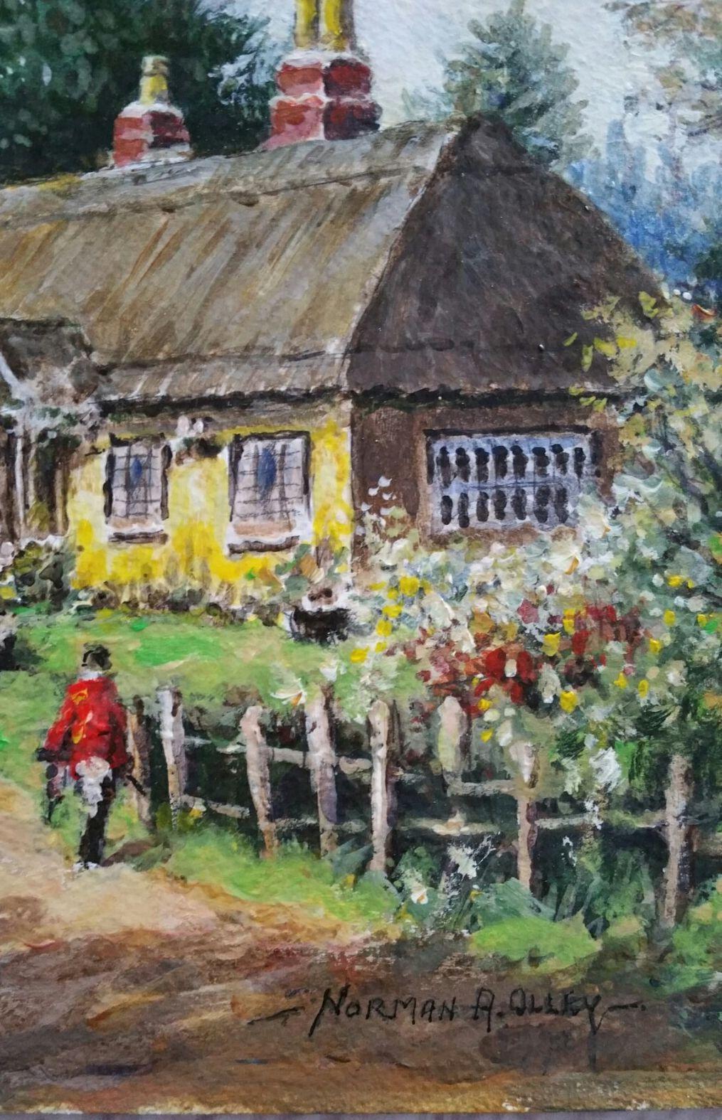 Traditional English Painting Thatched Cottage Wrotham Hill, Kent, with Figures For Sale 1