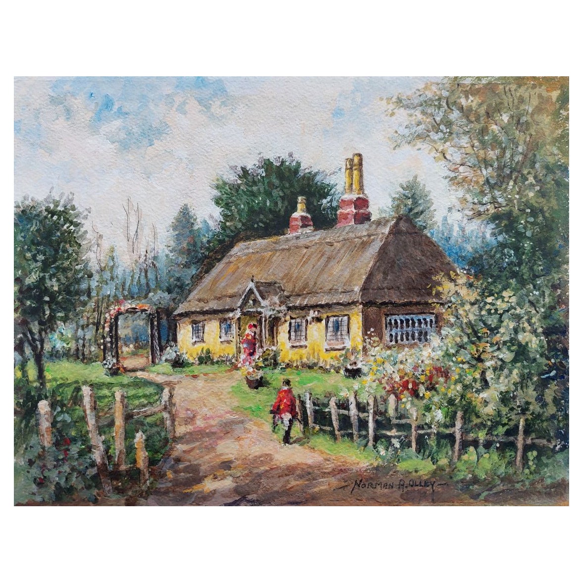 Traditionelles englisches Gemälde, geätztes Cottage Wrotham Hill, Kent, mit Figuren, mit Figuren