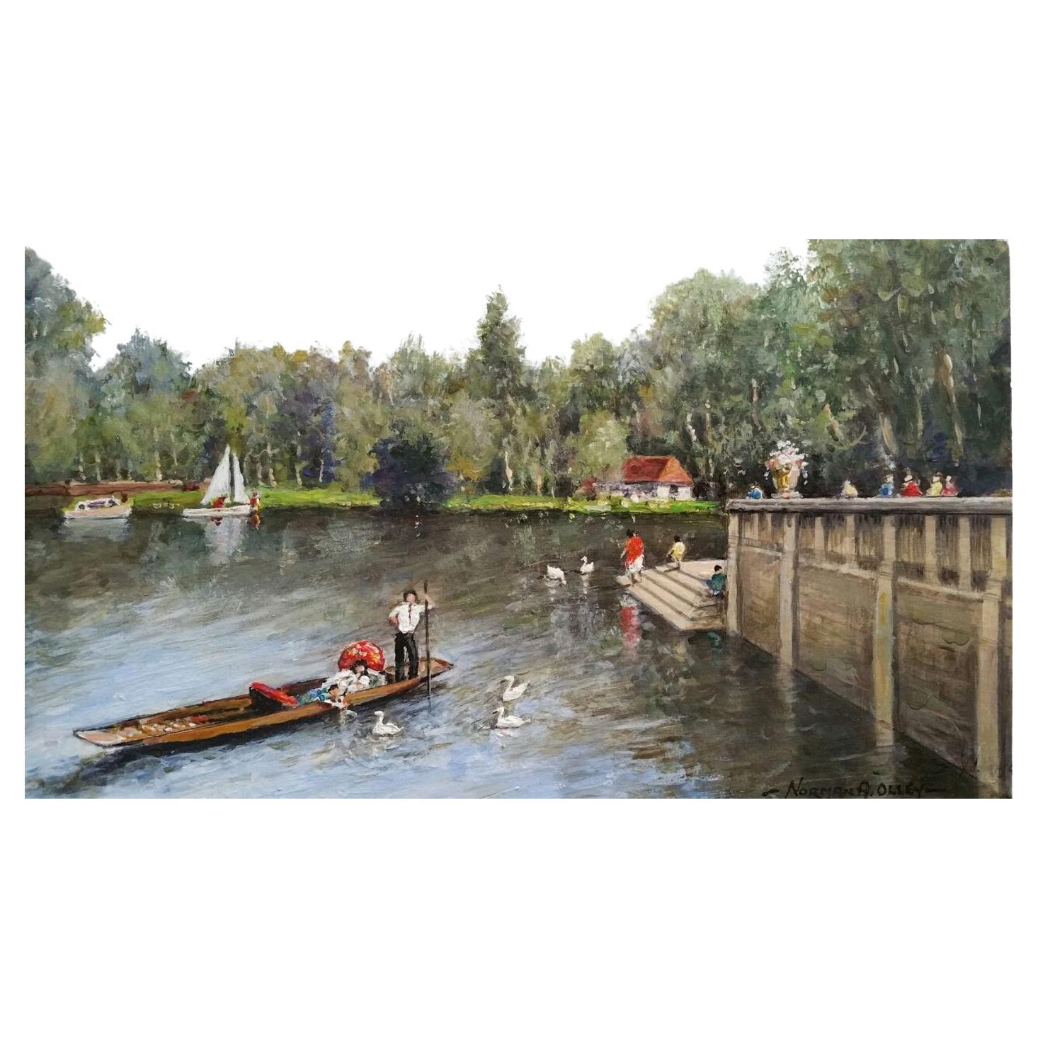 Traditional English Painting the Italian Lake, Hever Castle, Kent England For Sale