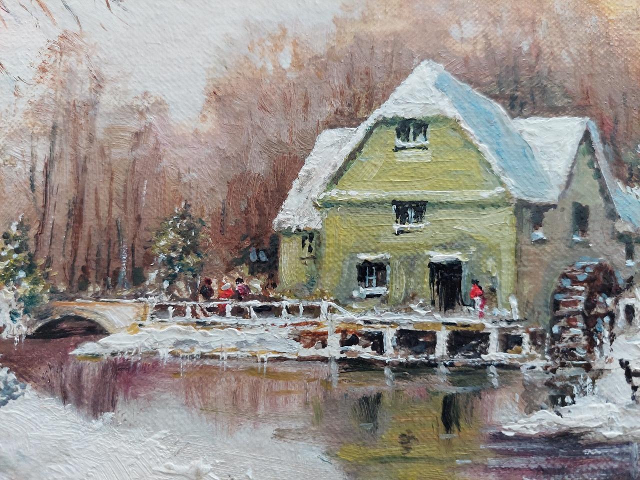 Traditionelles englisches Gemälde, Wassermühle im Winter Schnee mit Pferd (Englisch) im Angebot