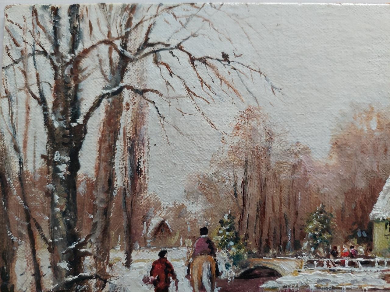 Traditionelles englisches Gemälde, Wassermühle im Winter Schnee mit Pferd im Zustand „Hervorragend“ im Angebot in Cirencester, GB