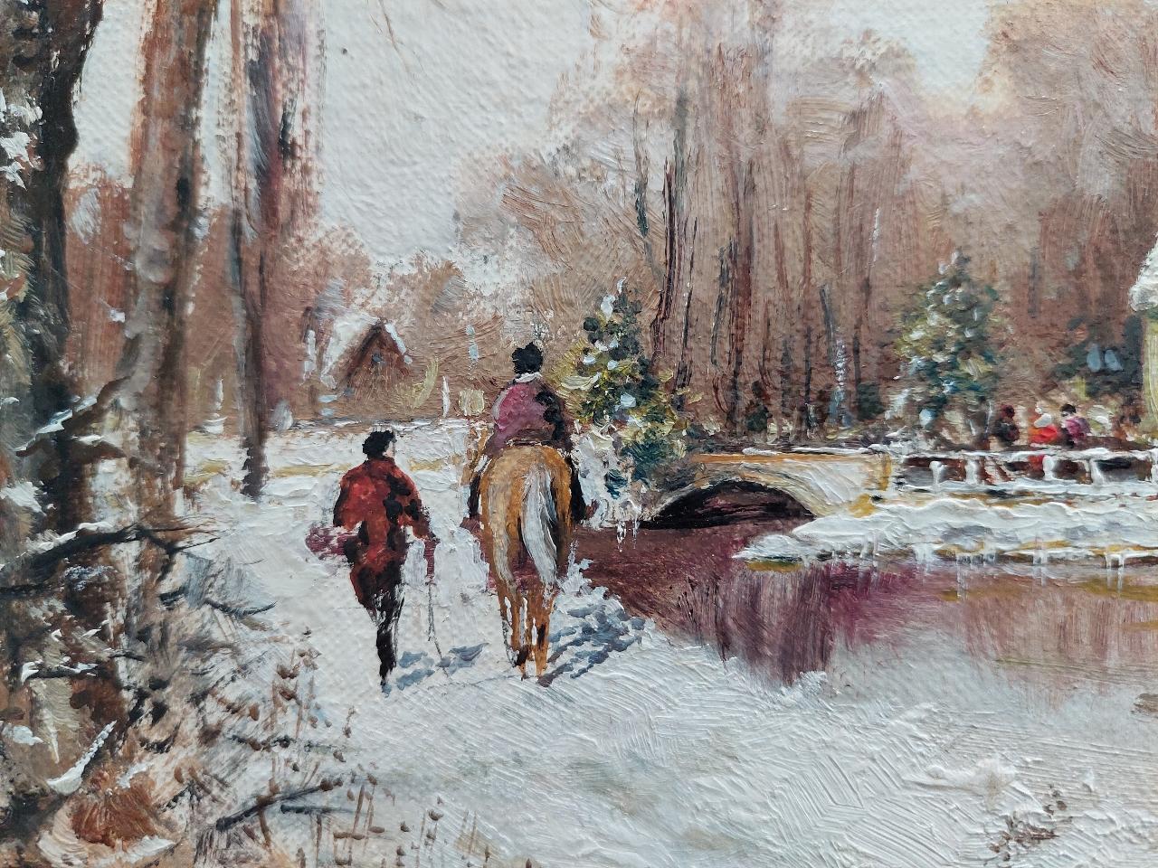 Traditionelles englisches Gemälde, Wassermühle im Winter Schnee mit Pferd (20. Jahrhundert) im Angebot