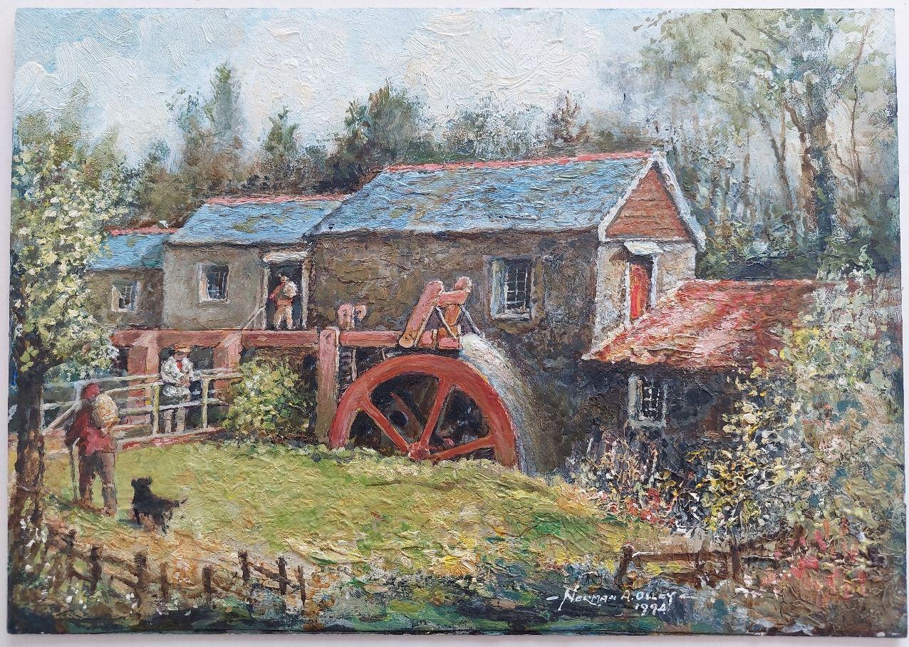Artist/ School: Norman A. Olley ( British, 20th Century, 1908-1996), dated 1994, signed to the front and inscribed verso

Title - Watermill at Tresmeer, Cornwall
Figures busy working with an eager dog at their side

Medium: acrylic and oil