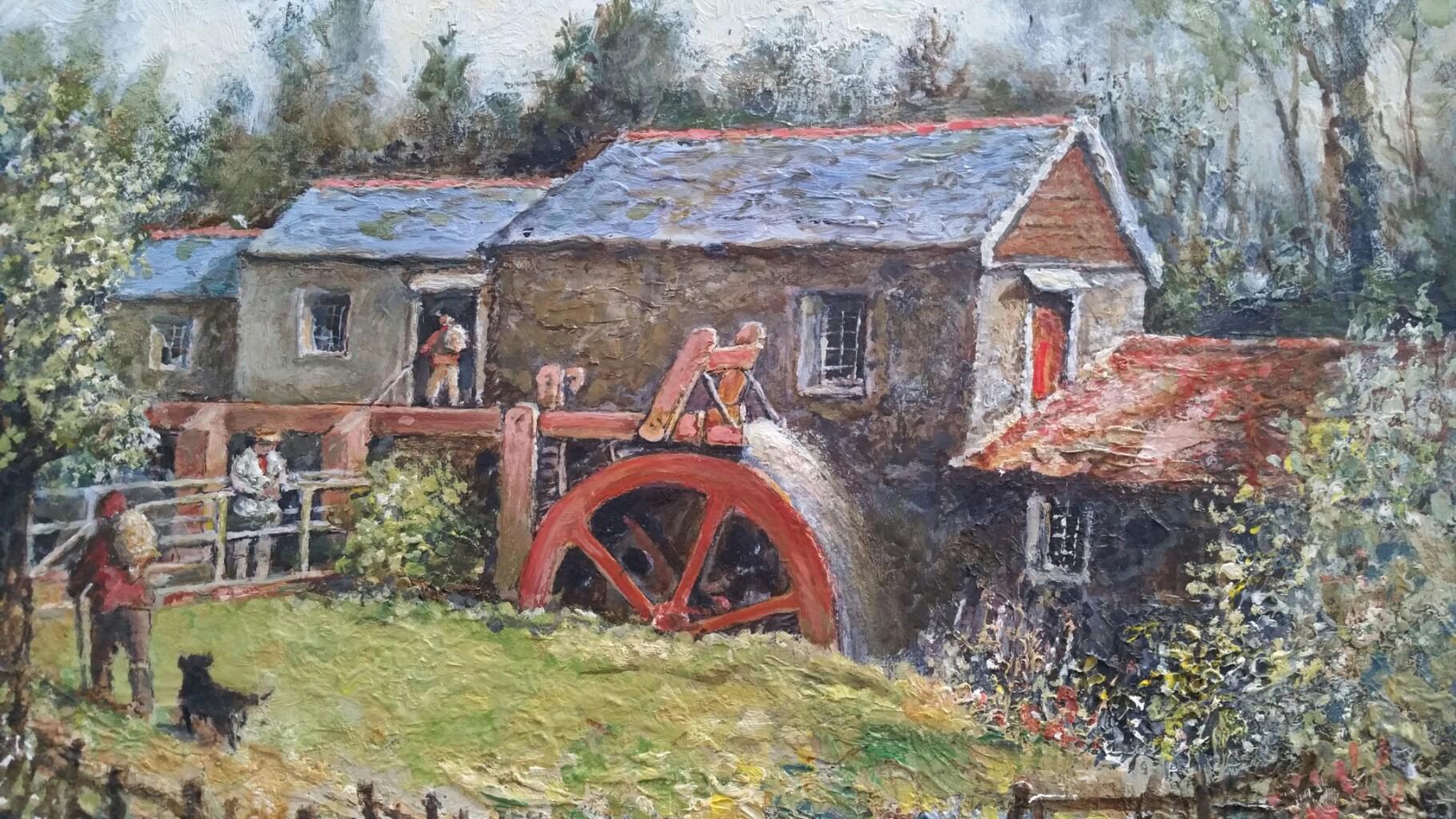 Traditionelle englische Gemälde-Wassermühle in Tresmeer Cornwall, Figuren bei der Arbeit (20. Jahrhundert) im Angebot