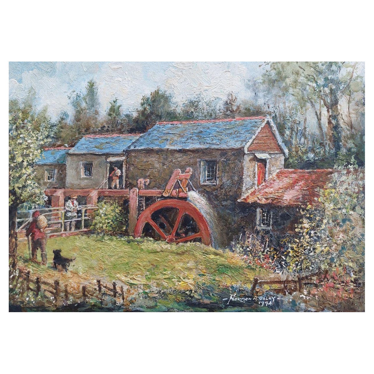 Traditional English Painting Watermill at Tresmeer Cornwall, Figures at Work