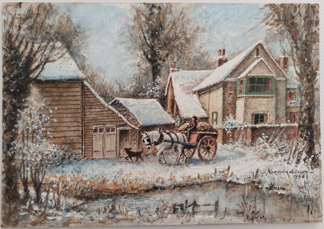 Artisten/Schule: Norman A. Olley ( Britisch, 20. Jahrhundert, 1908-1996), undatiert, auf der Vorderseite signiert und verso beschriftet

Titel - Wintermorgen auf einem Bauernhof in Surrey, England
Ein Pferdegespann mit einem Hofhund im