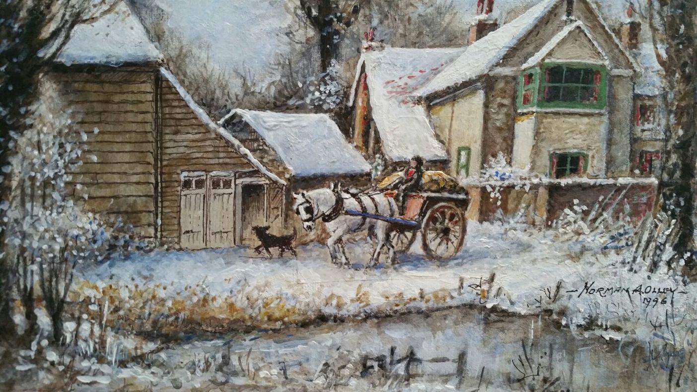 Peinture traditionnelle anglaise d'après-midi d'hiver, ferme du Surrey, Angleterre, cheval et chariot Excellent état - En vente à Cirencester, GB