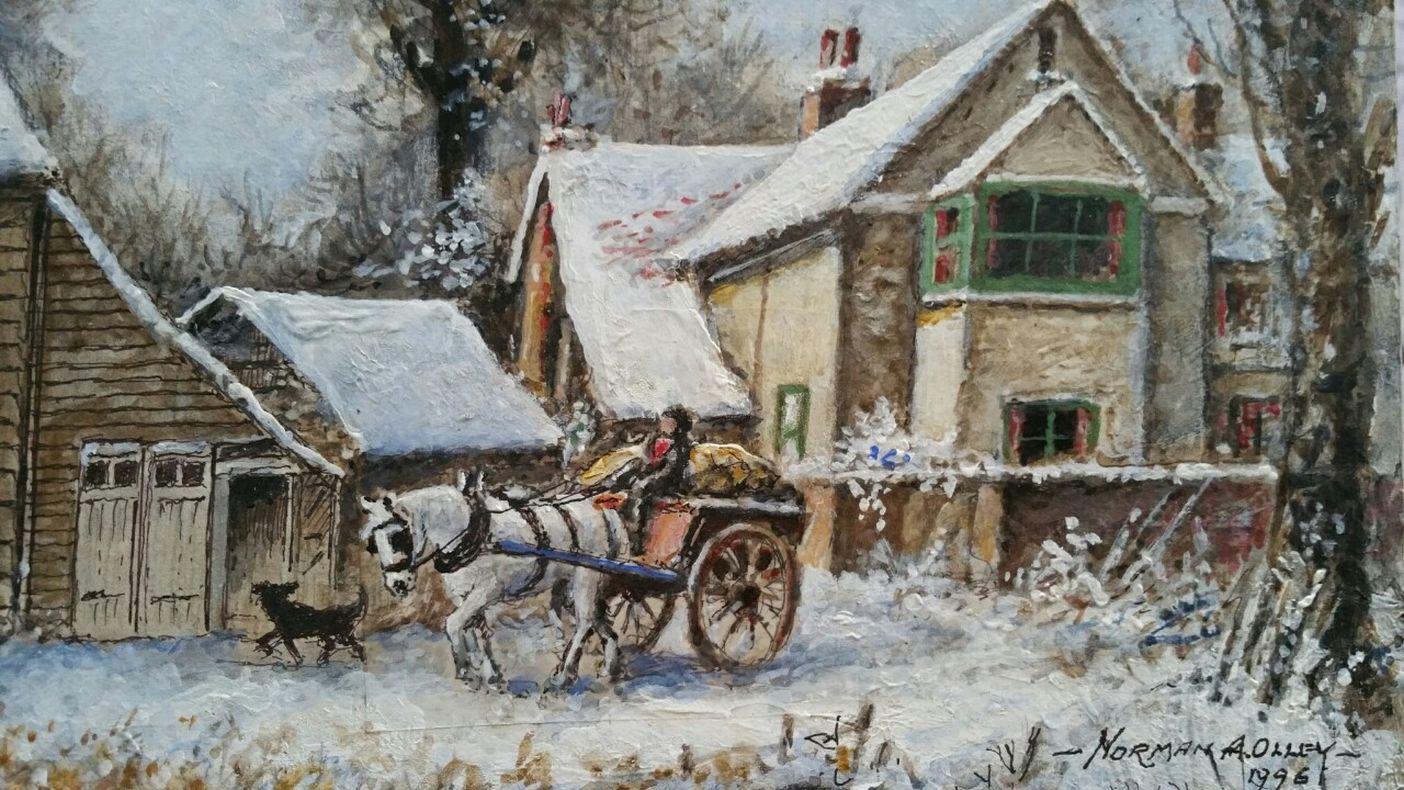 20ième siècle Peinture traditionnelle anglaise d'après-midi d'hiver, ferme du Surrey, Angleterre, cheval et chariot en vente