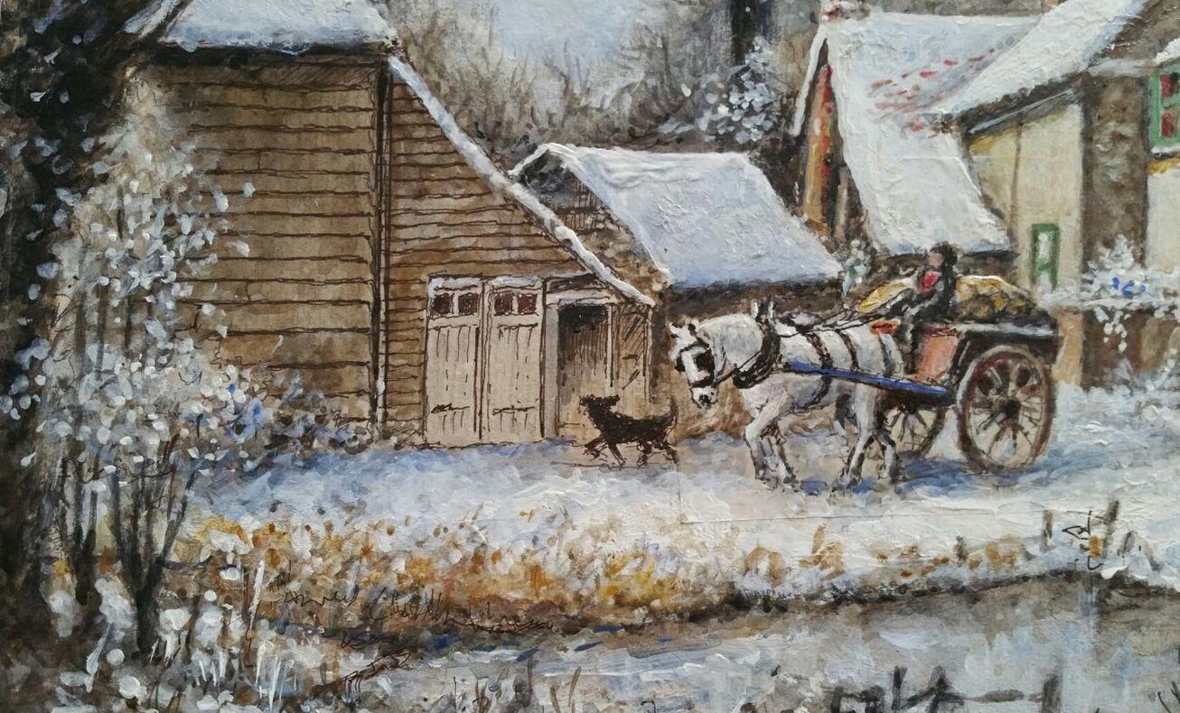 Autre Peinture traditionnelle anglaise d'après-midi d'hiver, ferme du Surrey, Angleterre, cheval et chariot en vente