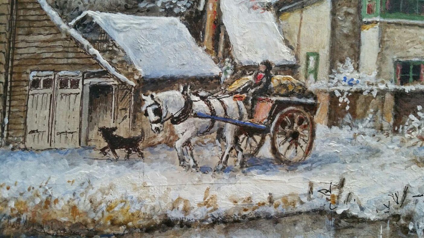 Traditionelles englisches Gemälde, Winter, Morgen, Surrey, Bauernhof, England, Pferd undwagen im Angebot 1