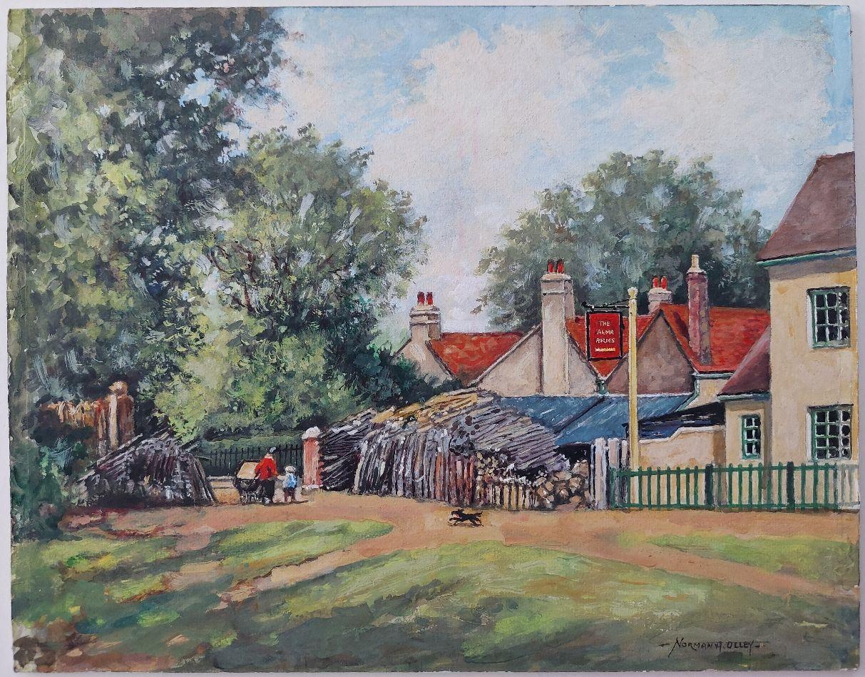Artist/ School: Norman A. Olley ( British, 20th Century, 1908-1996), 1994, undated, inscribed verso

Title - Woodstacks at the Alma Arms Inn, Weston Green, Thames Ditton, Surrey, England. A small dog runs after a female figure with a baby carriage