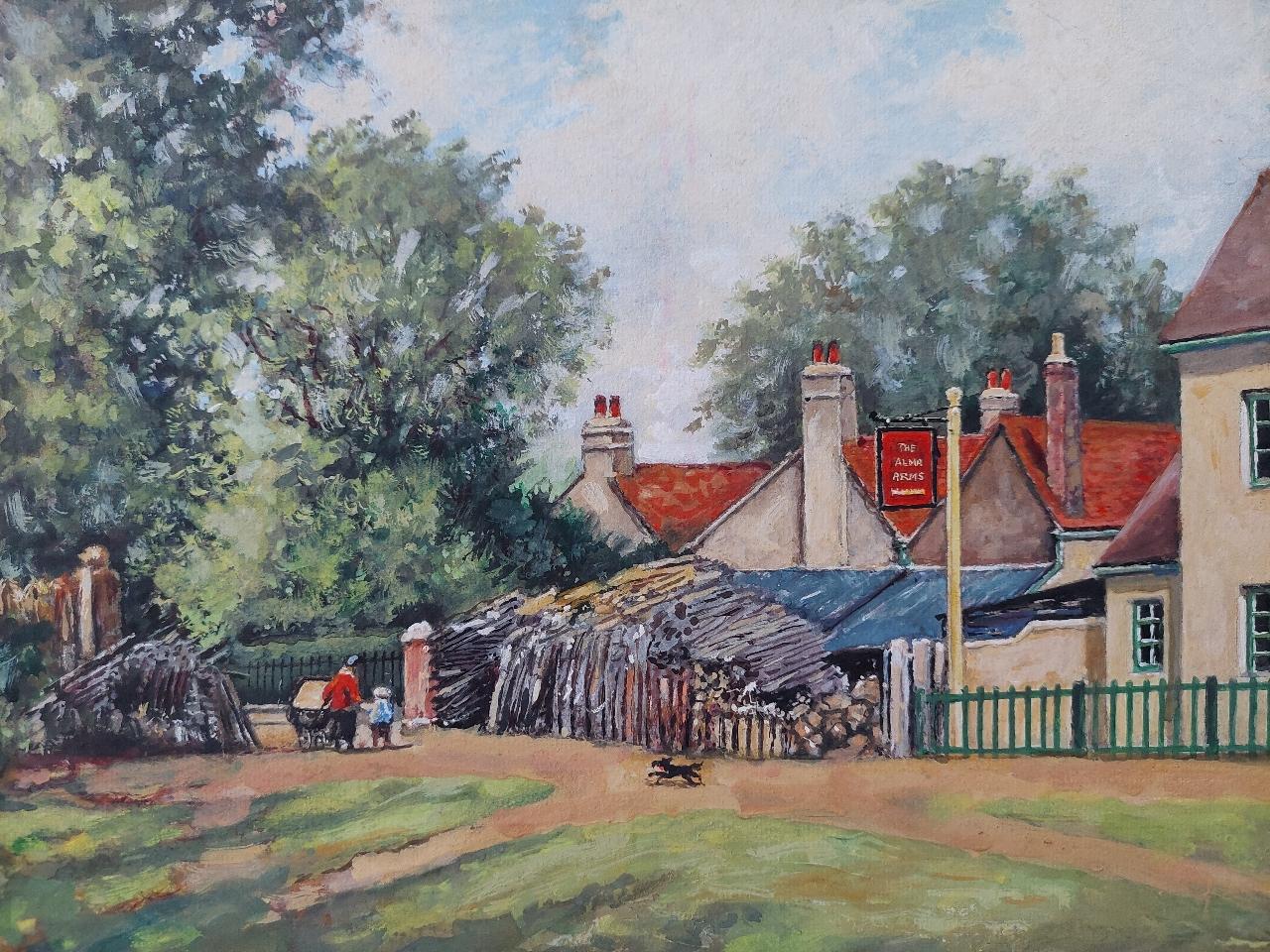 20th Century Traditional English Painting Woodstacks at the Alma Arms, Weston Green, Surrey For Sale