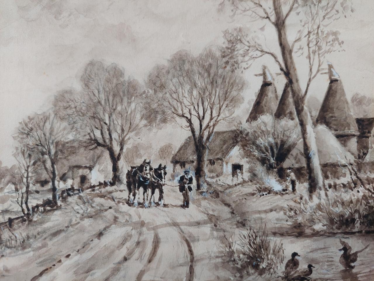 Traditional English Painting Working Horses Returning Home in Kent For Sale 6