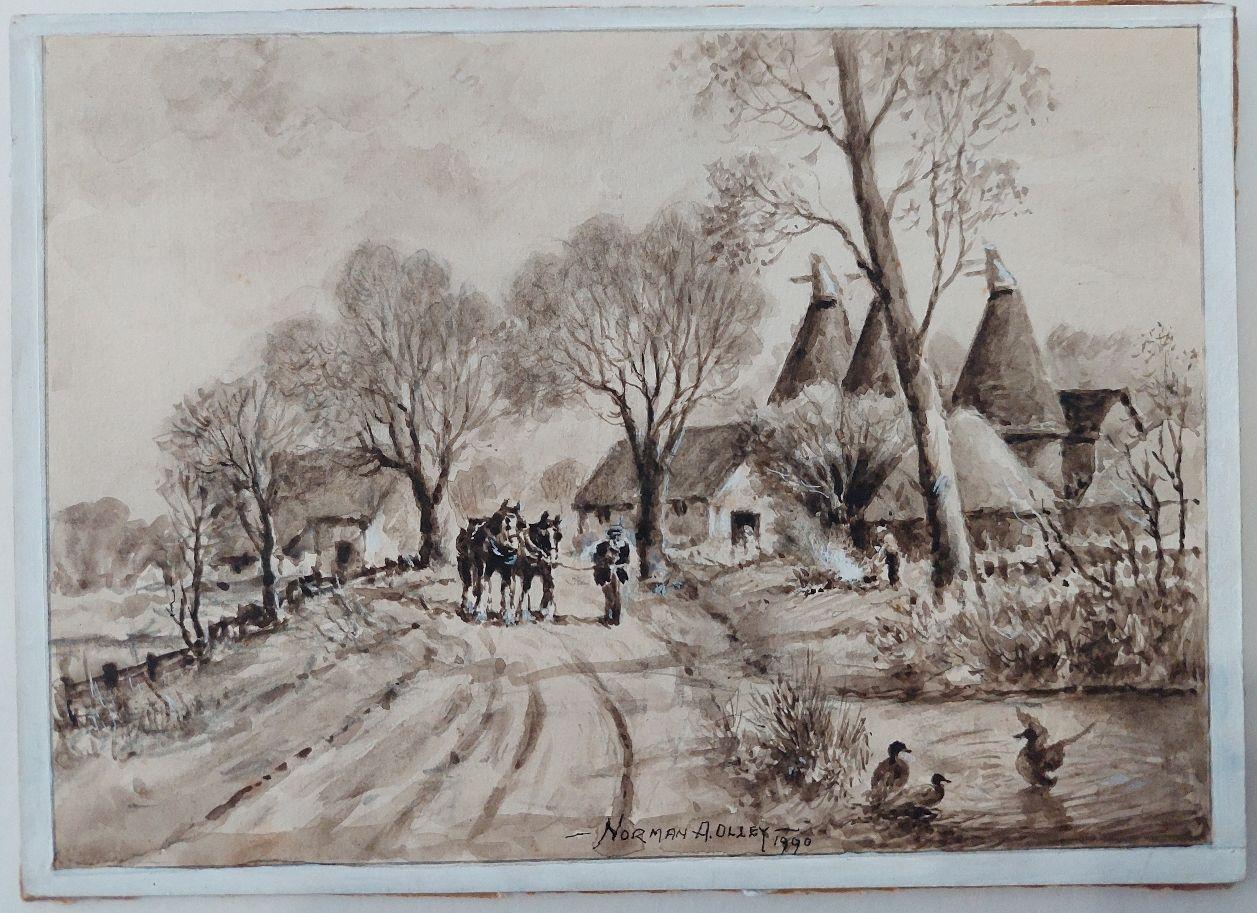 Peinture traditionnelle anglaise - Chevaux travaillant rentrant à la maison dans le Kent en vente 6