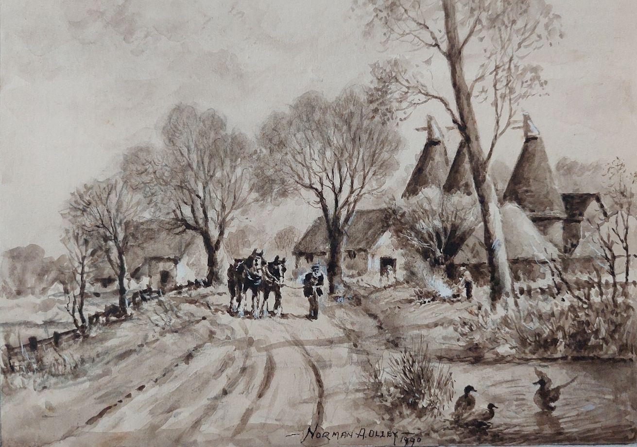 Anglais Peinture traditionnelle anglaise - Chevaux travaillant rentrant à la maison dans le Kent en vente