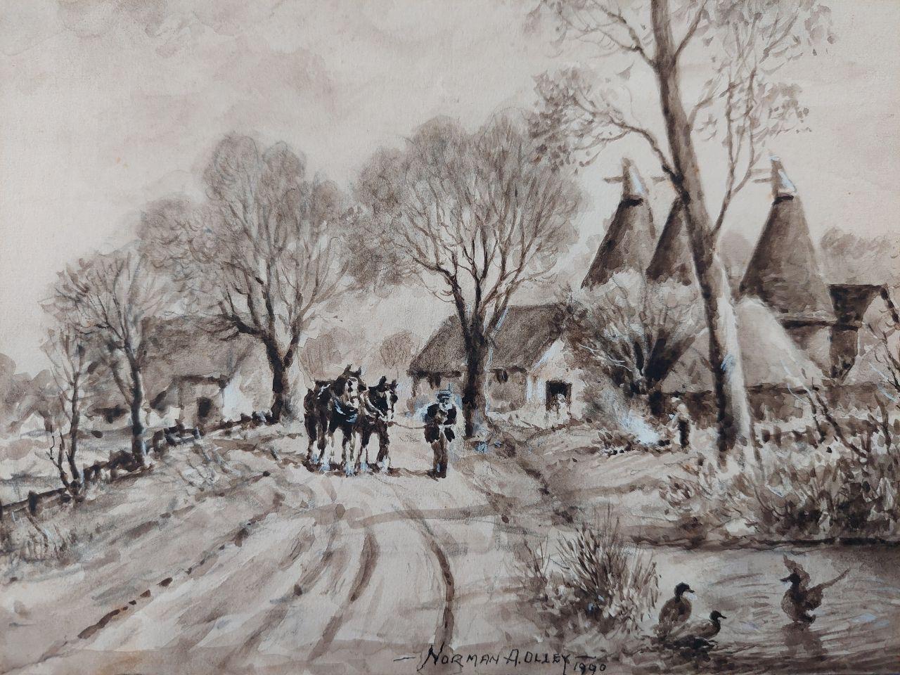 Peinture traditionnelle anglaise - Chevaux travaillant rentrant à la maison dans le Kent Bon état - En vente à Cirencester, GB