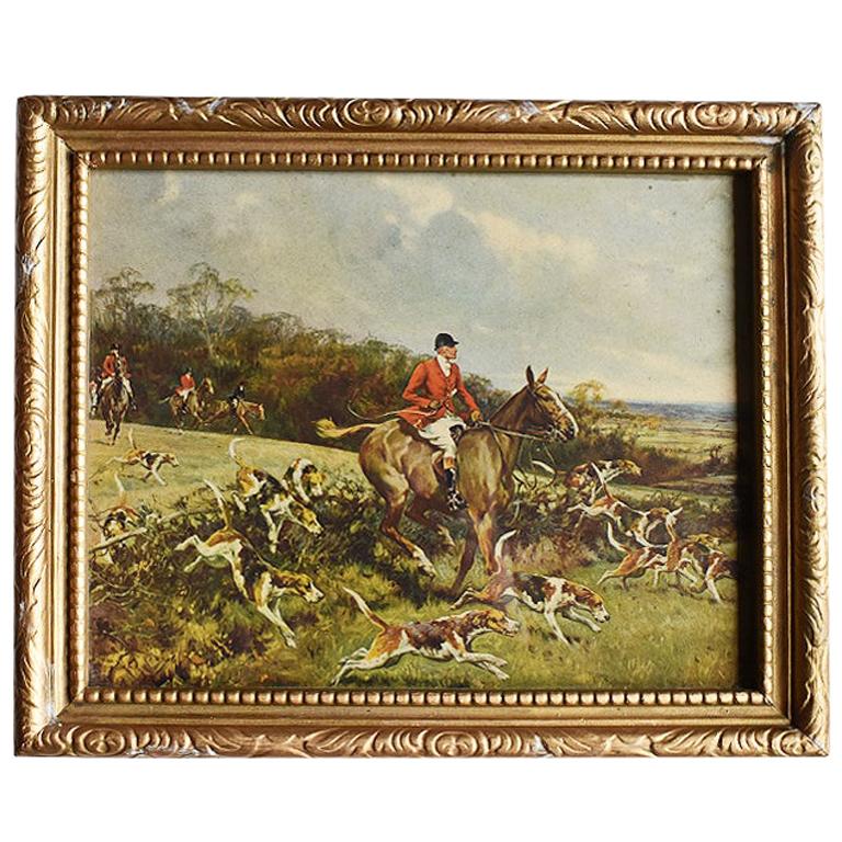 Traditional Equestrian Horse and Foxhound Hunting Print in Giltwood Frame