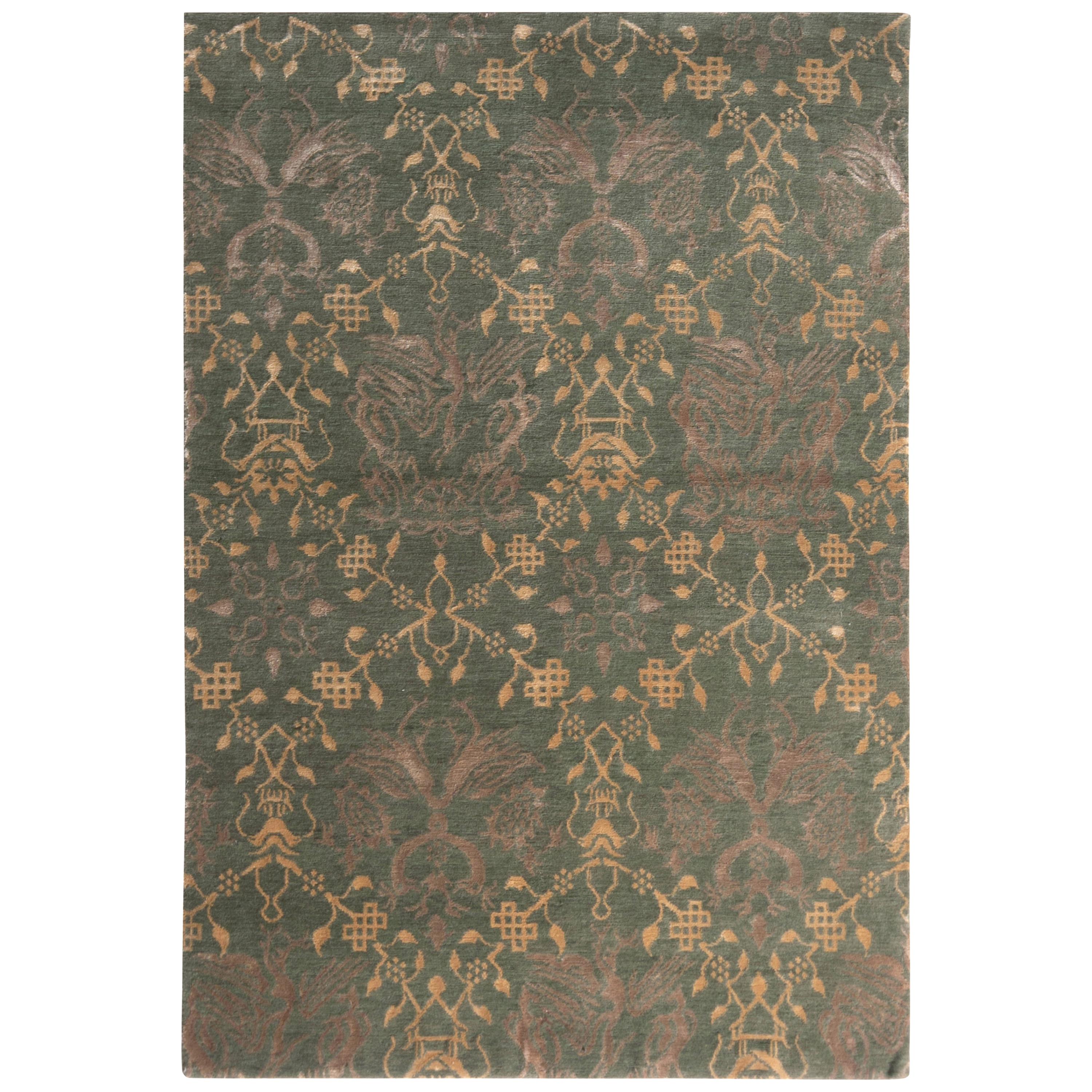Rug & Kilim's Traditional European Style Rug Green and Gold Pictorial Pattern