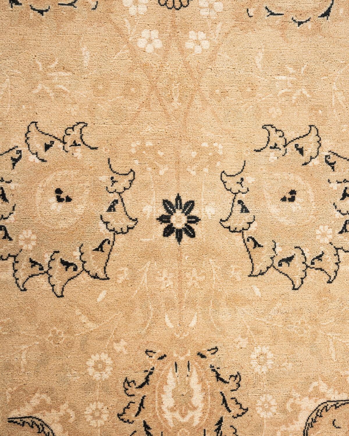 Pakistani Traditional Floral Hand Knotted Wool Beige Area Rug For Sale