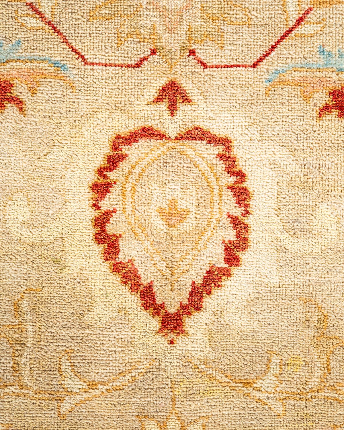 Pakistani Traditional Floral Hand Knotted Wool Beige Area Rug For Sale