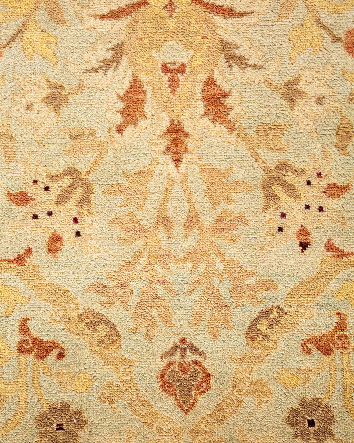 Pakistani Traditional Floral Hand Knotted Wool Beige Area Rug For Sale