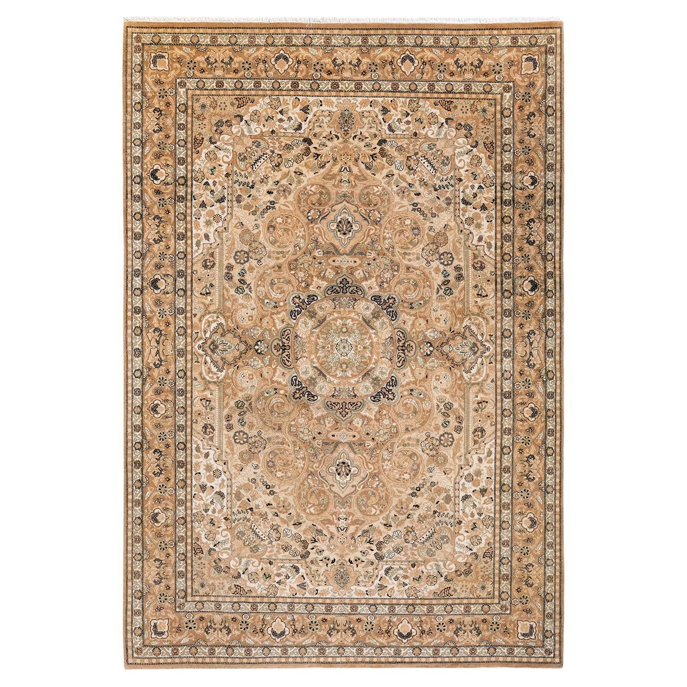 Traditional Floral Hand Knotted Wool Beige Area Rug