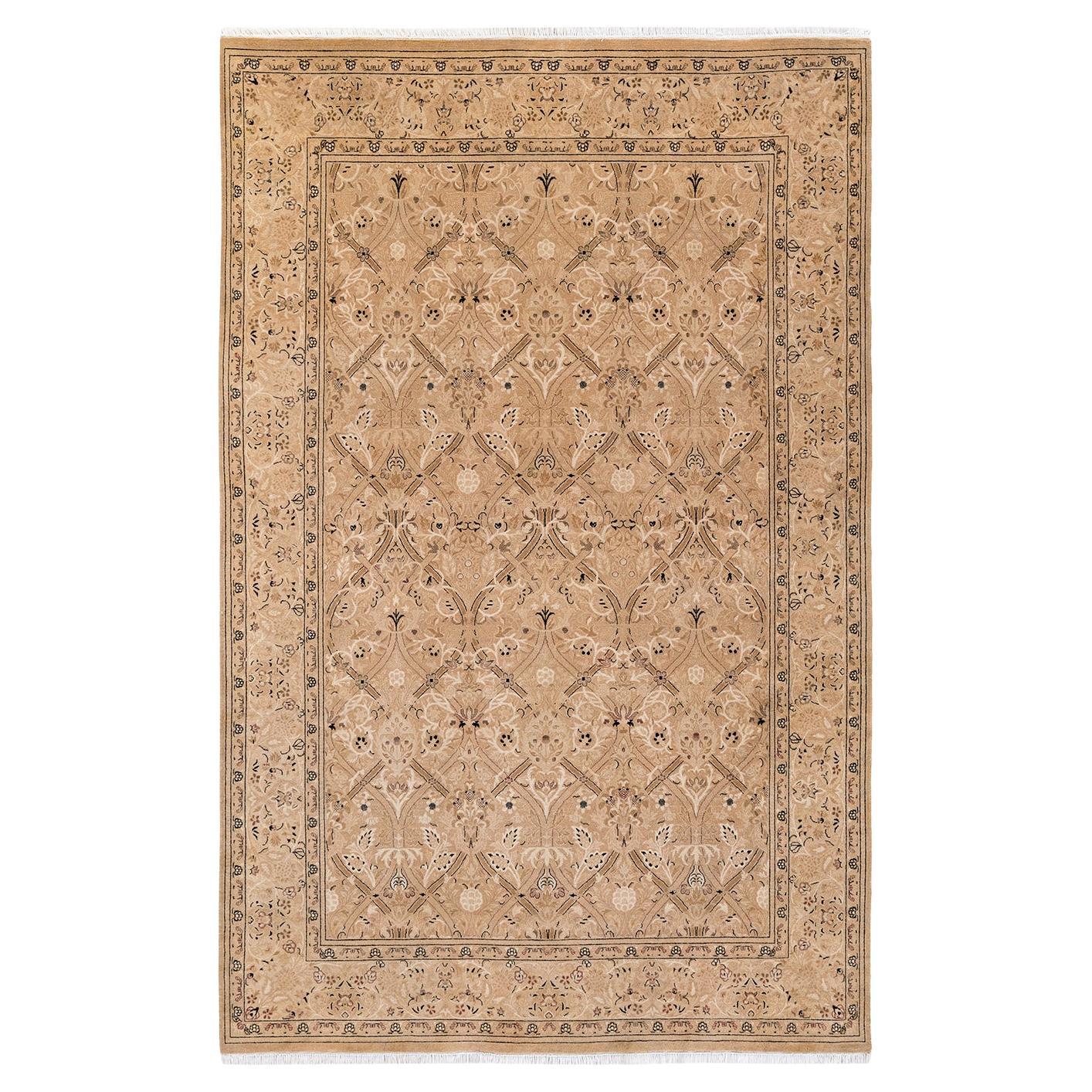 Traditional Floral Hand Knotted Wool Beige Area Rug