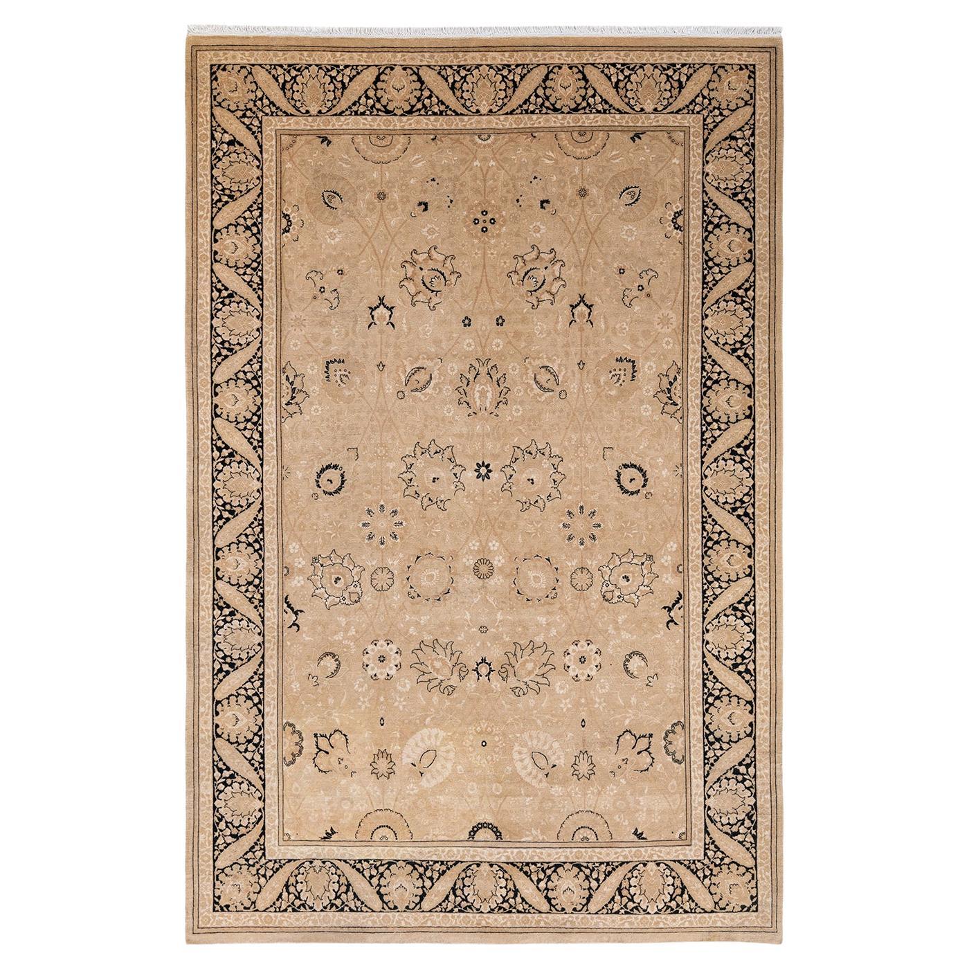 Traditional Floral Hand Knotted Wool Beige Area Rug