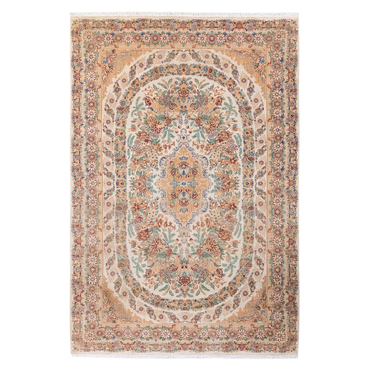 Traditional Floral Hand Knotted Wool Beige Area Rug For Sale
