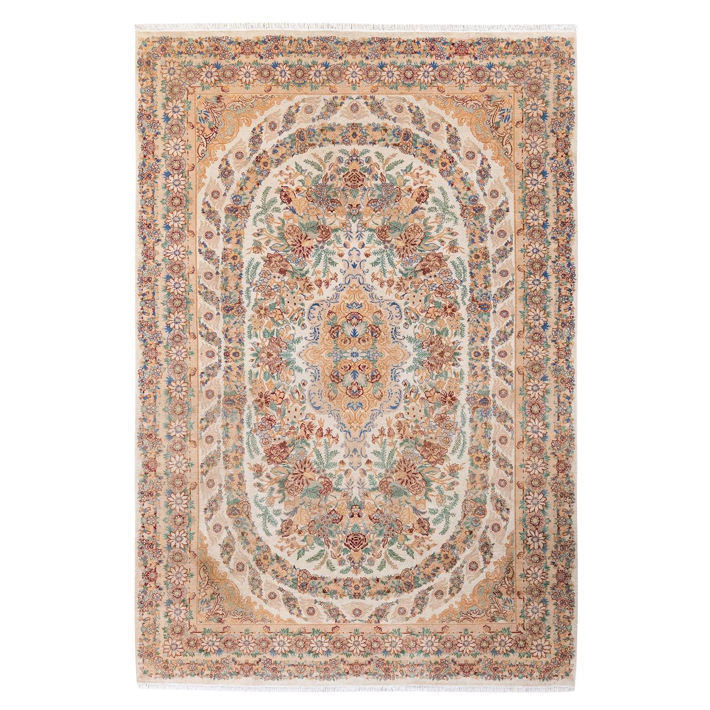 Traditional Floral Hand Knotted Wool Beige Area Rug (Tapis à fleurs traditionnel en laine beige)