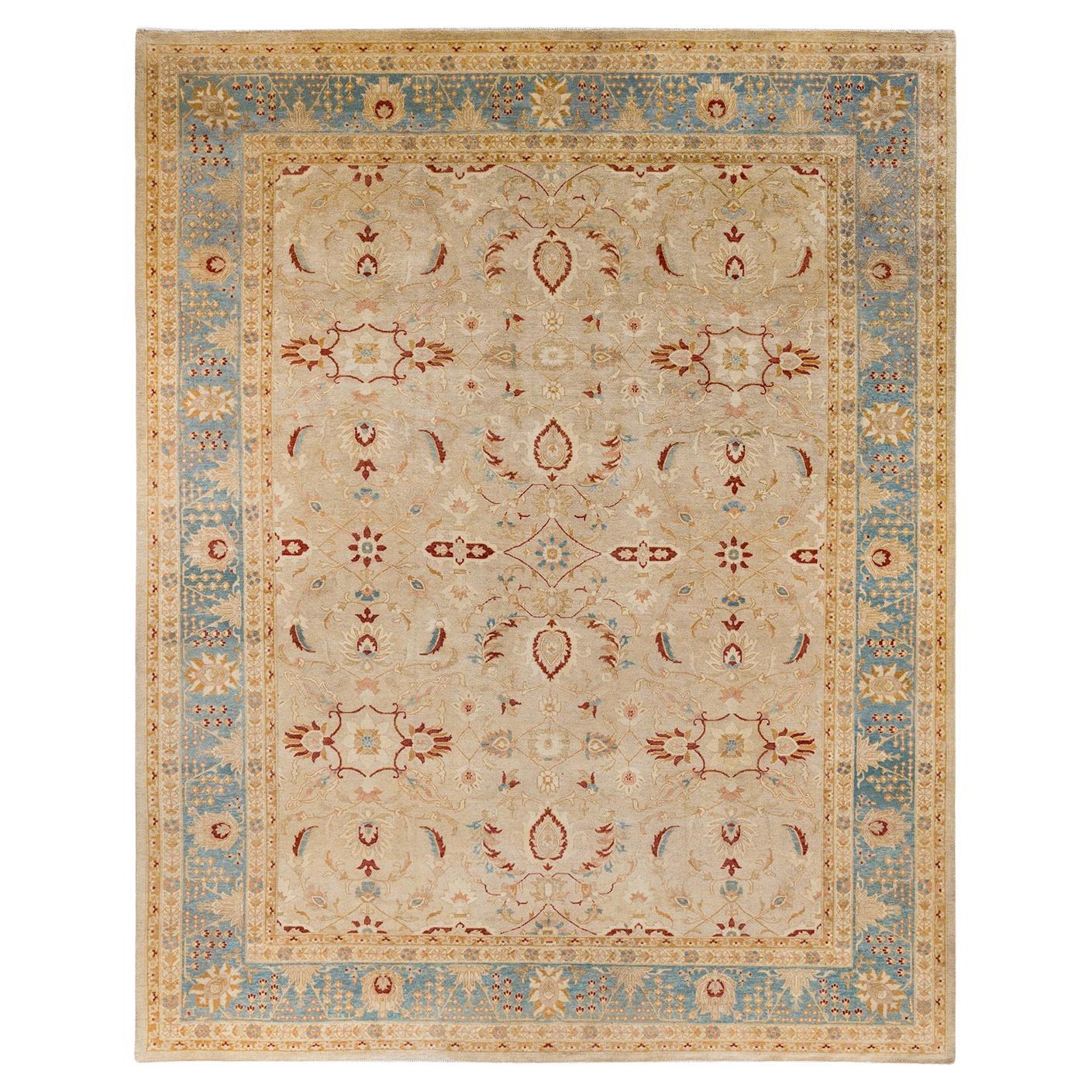 Traditional Floral Hand Knotted Wool Beige Area Rug For Sale