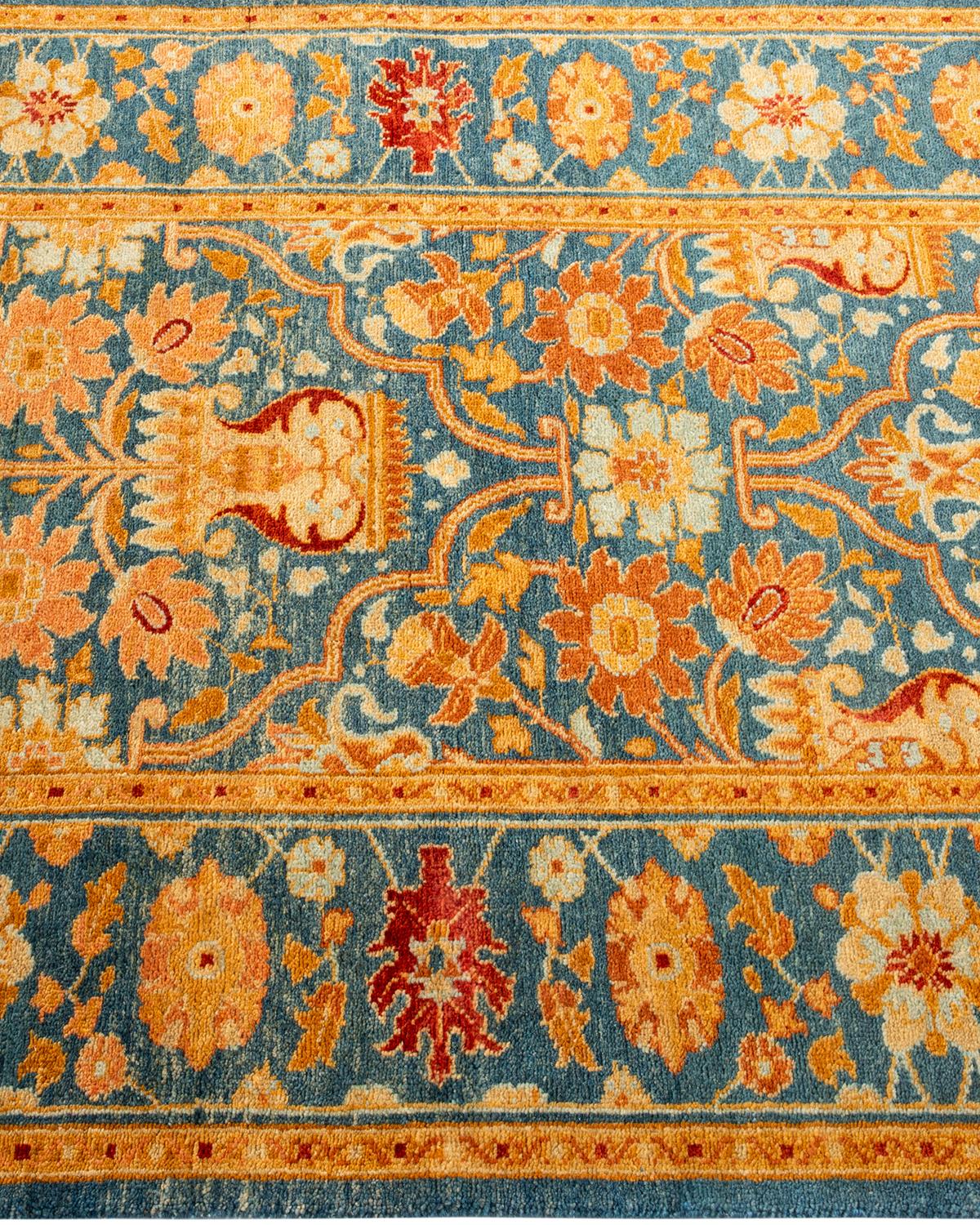 Traditional Floral Hand Knotted Wool Blue Area Rug In New Condition For Sale In Norwalk, CT