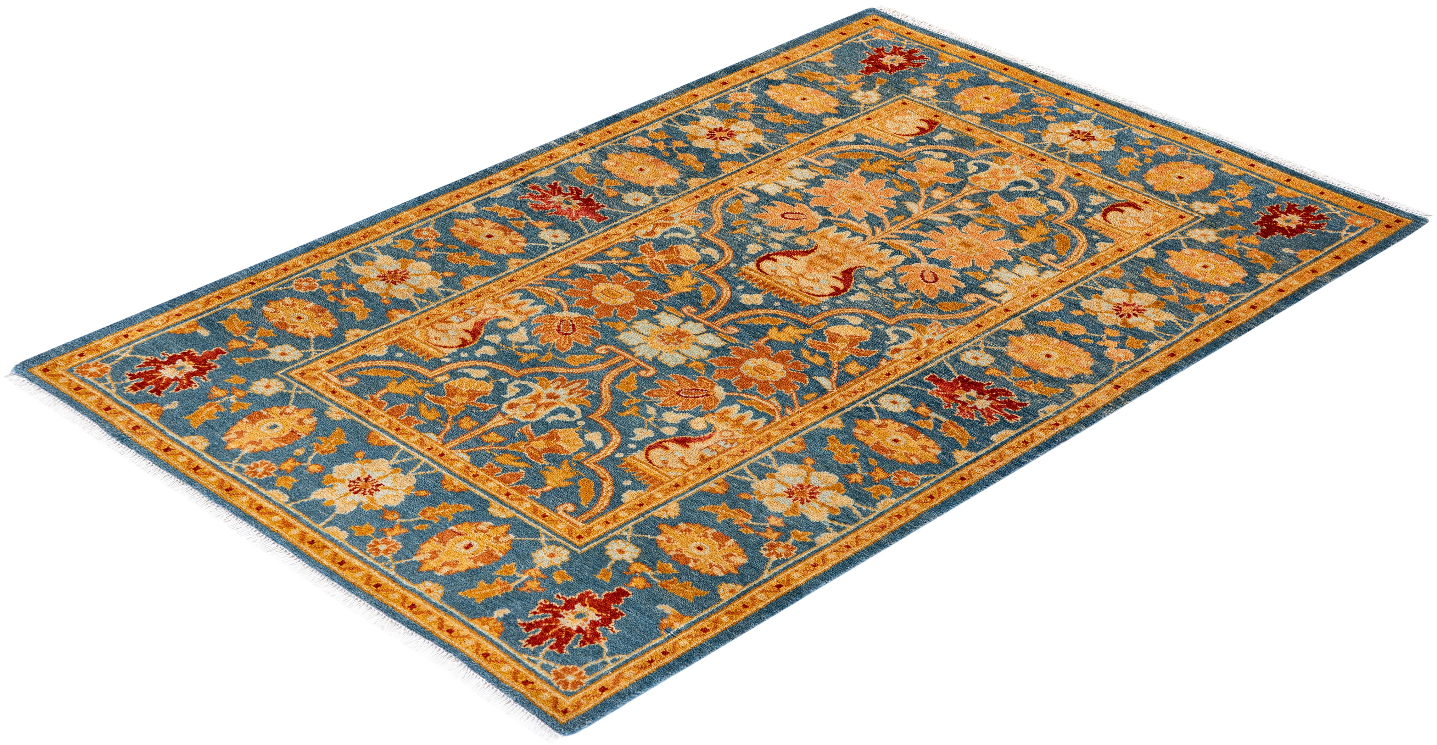 Traditional Floral Hand Knotted Wool Blue Area Rug For Sale 3